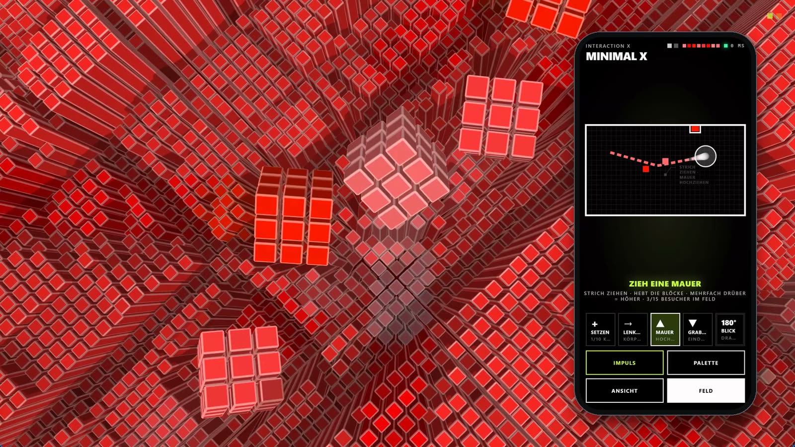 Minimal X Interaction by Tobias Post – Flying over the city, placing stones, drawing walls